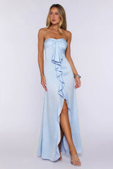 Sparked Hour Satin Polka Dot Strapless Maxi Dress Blue
