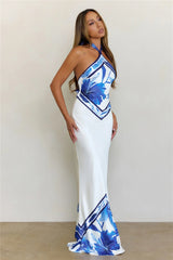 Golden Hour Floral Halter Satin Maxi Dress Blue