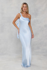 The Zafira One Shoulder Satin Maxi Dress Light Blue