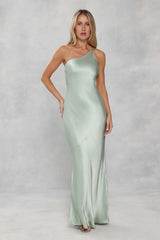 The Evangeline One Shoulder Satin Maxi Dress Sage Green