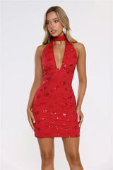 Glow Moment Halter Lace Mini Dress Red