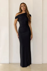 Sultry Draped One Shoulder Maxi Dress Black