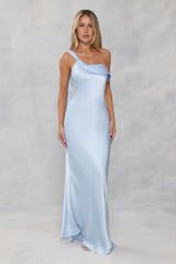 The Zafira One Shoulder Satin Maxi Dress Light Blue