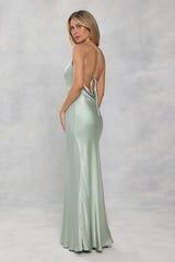 The Evangeline One Shoulder Satin Maxi Dress Sage Green