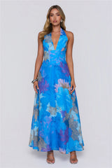 Floral Statement Halter Maxi Dress Blue
