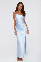 Social Diary Off Shoulder Satin Maxi Dress Blue