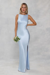 The Blaire Backless Satin Maxi Dress Light Blue