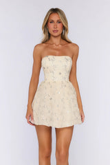 Floral Shimmer Strapless Mini Dress Yellow