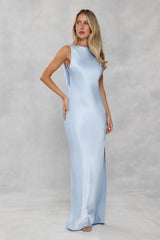 The Blaire Backless Satin Maxi Dress Light Blue