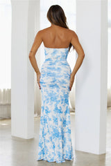 Moonlight Blooms Mesh Strapless Maxi Dress Blue