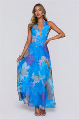 Floral Statement Halter Maxi Dress Blue
