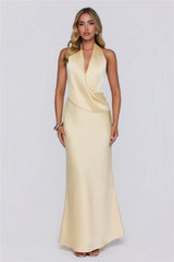 Pastel Horizons Halter Satin Maxi Dress Yellow