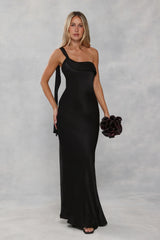 The Zafira One Shoulder Satin Maxi Dress Black