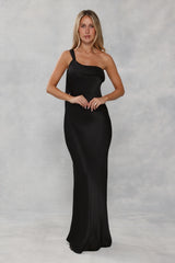 The Zafira One Shoulder Satin Maxi Dress Black