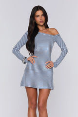 BASE Luxe Rib Off Shoulder Long Sleeve Mini Dress Blue Brown Stripe