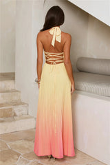 Love Me Lightly Halter Pleated Maxi Dress Yellow