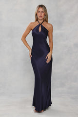 The Delilah Satin Halter Maxi Dress Navy