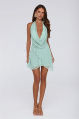 Sultry Cowl Halter Wrap Mini Dress Mint
