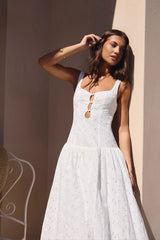 Romance Stitched Embroidered Maxi Dress White