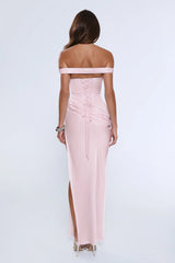 The After Party Off Shoulder Satin Maxi Dress Blush