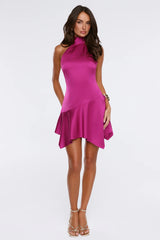 Warm Breeze Halter Satin Mini Dress Magenta