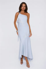 Jelly Glow One Shoulder Satin Maxi Dress Blue