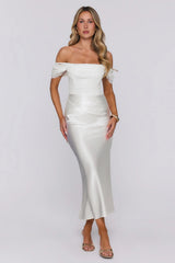 Love Looks Good Lace Satin Off Shoulder Maxi Dress White