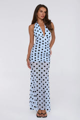 Dancefloor Diaries Halter Polka Dot Maxi Dress Blue