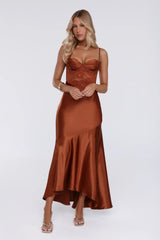 Sultry Horizon Satin Lace Maxi Dress Brown