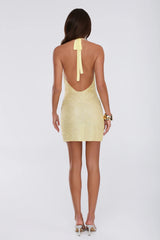 The Tease Edit Embellished Mesh Halter Mini Dress Yellow