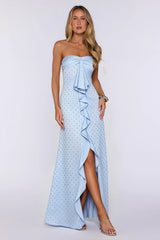 Sparked Hour Satin Polka Dot Strapless Maxi Dress Blue