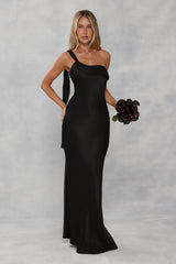 The Zafira One Shoulder Satin Maxi Dress Black
