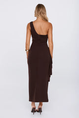 Chic One Shoulder Ruched Drape Maxi Dress Chocolate