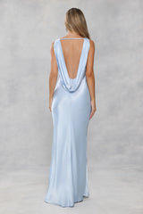The Blaire Backless Satin Maxi Dress Light Blue