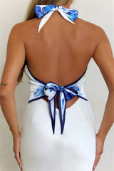 Golden Hour Floral Halter Satin Maxi Dress Blue