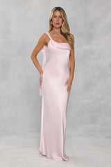 The Zafira One Shoulder Satin Maxi Dress Light Pink