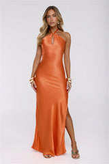 Rule Her World Halter Satin Maxi Dress Peach