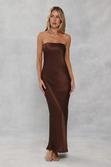 The Felicity Strapless Satin Maxi Dress Chocolate Brown