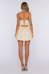 Floral Shimmer Strapless Mini Dress Yellow
