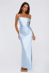 Social Diary Off Shoulder Satin Maxi Dress Blue