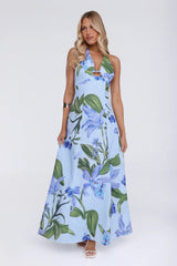 Fleur Flicker Halter Maxi Dress Blue