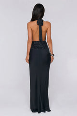 Gossip And Glitter Halter Satin Maxi Dress Black