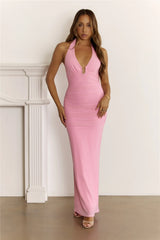 Sultry Ruched Halter Maxi Dress Pink