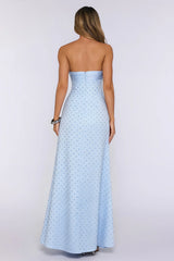 Sparked Hour Satin Polka Dot Strapless Maxi Dress Blue