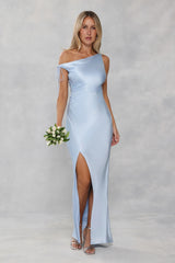 The Clover Off Shoulder Satin Maxi Dress Light Blue