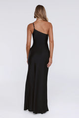 Honeytusk Satin One Shoulder Maxi Dress Black