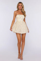 Floral Shimmer Strapless Mini Dress Yellow