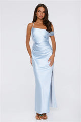 Social Diary Off Shoulder Satin Maxi Dress Blue