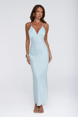 Pearl Indulgence Satin Maxi Dress Aqua