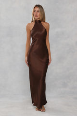 The Cleo Halter Satin Maxi Dress Chocolate Brown